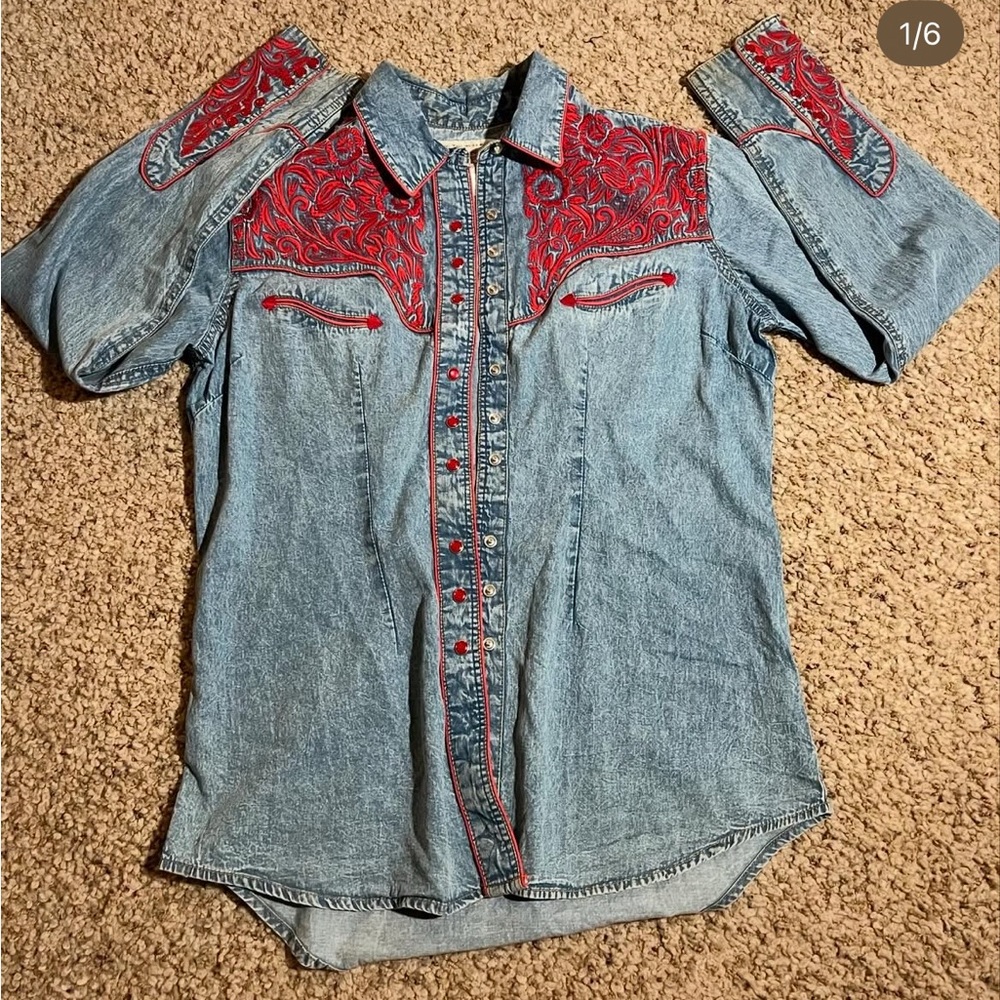 Denim Button Down Shirt with Red Accents